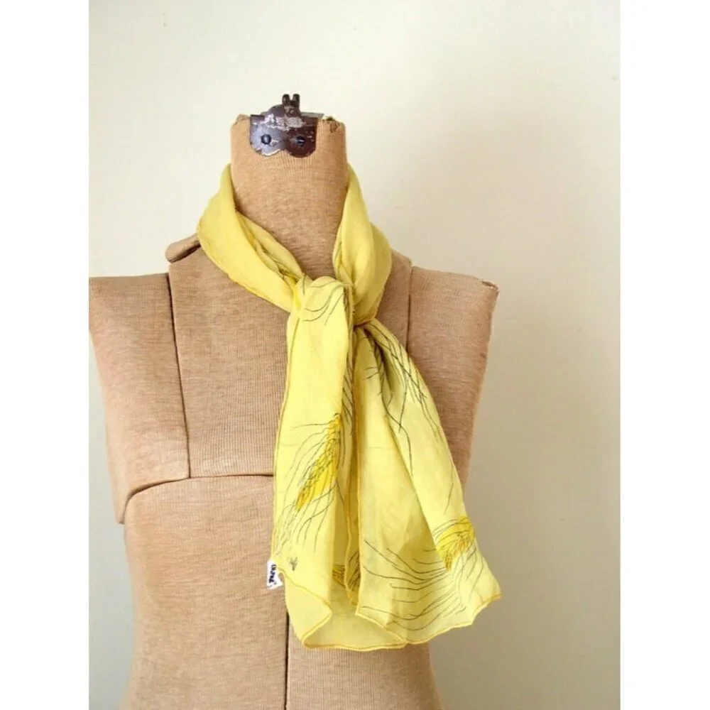 Vintage 1960's Vera Silk Chiffon Scarf Fields of Gold Yellow Signed Hand Rolled